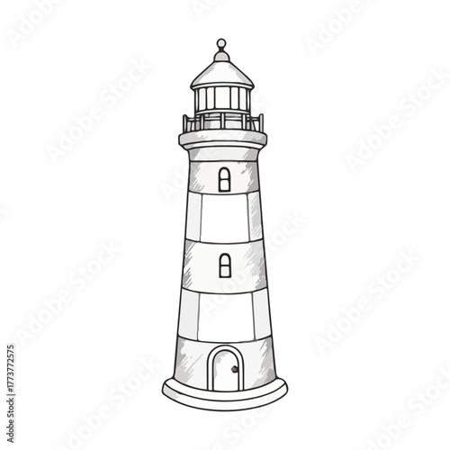 A hand-drawn sketch of a classic lighthouse structure with a conical top, multiple levels, windows, and a door at its base, standing against a white background.
