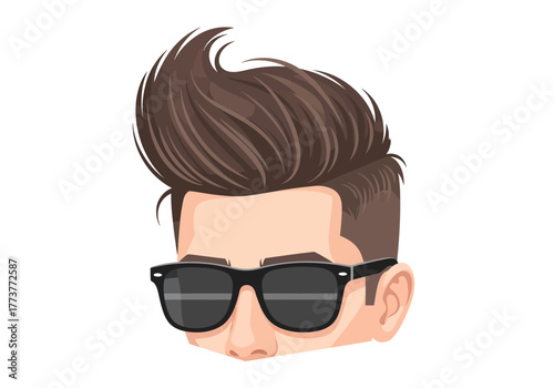 Mans head with brown pompadour hairstyle sunglasses fair skin against a white background