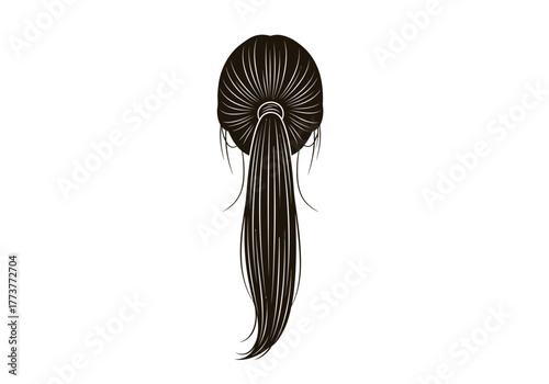 Rear view of long dark hair pulled into a ponytail with stray wisps