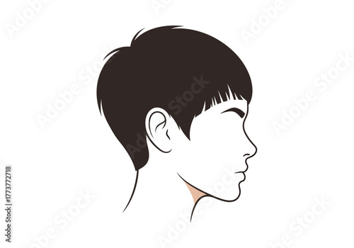 Sideview illustration of a person with short hair visible ear nose and neck on a white background