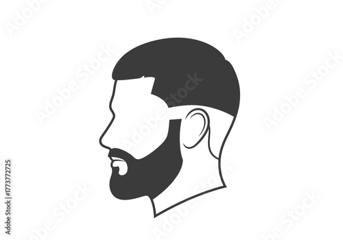 Side profile image of a mans head and shoulders with a beard and a specific haircut