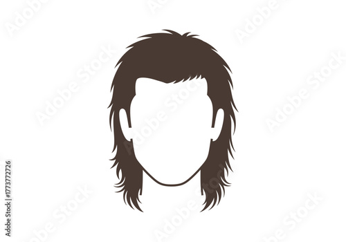 Silhouette of a mullet hairstyle with a blank face outlined in dark brown against a white background