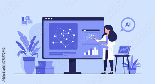 AI Scientist Presenting Data Analysis on Large Computer Screen with Laptop