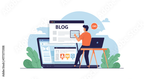 Digital Content Creator Working on Blog and CMS Platform with Laptop and Tablet