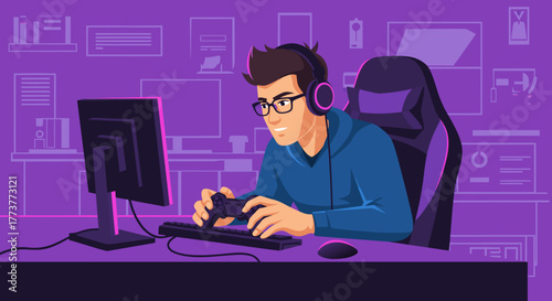 Enthusiastic Gamer Focused on Controller with Headphones in Gaming Setup