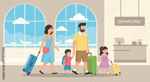 Family of Four Walking Through Airport Towards Departures with Luggage