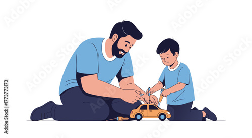 Father and Son Repairing Toy Car Together Sharing Joyful Moments