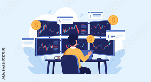 Financial Analyst Monitoring Stock Market Trends on Multiple Computer Screens with Dollar Symbols