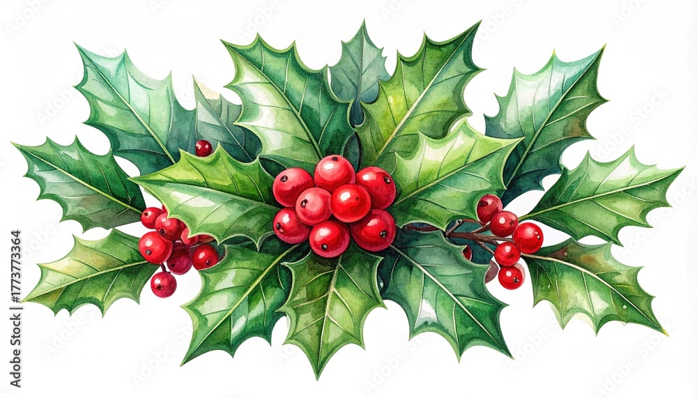 Obraz premium Festive holly ornament illustration watercolor illustration, isolated on white background