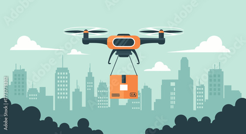 Modern Drone Delivering Package Over Cityscape Futuristic Delivery Concept