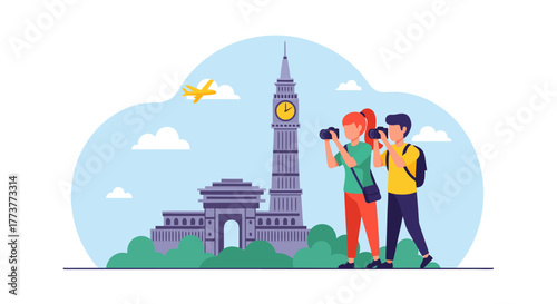 Tourists Photographing Big Ben and Plane in London England with Clouds