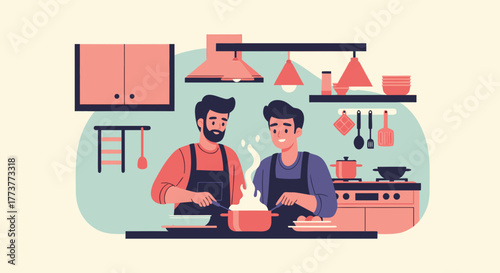 Two Men Cooking Together in a Modern Kitchen Preparing Food