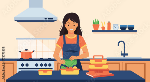 Woman Preparing Lunchbox in Kitchen Smiling and Packing Food with Care