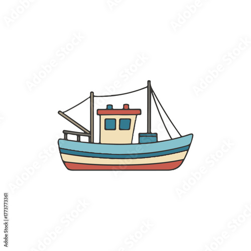 A simple, colorful hand-drawn illustration of a small fishing boat against a white background.