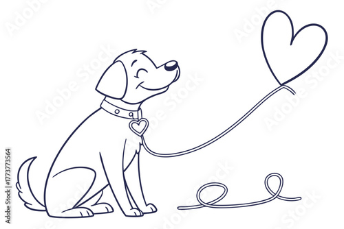 Dog sitting with heart shape leash — cute pet theme, modern one-line vector