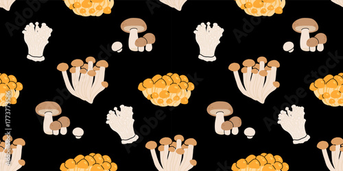 Seamless mushroom pattern, flat vector illustration with edible, wild, and medicinal mushrooms including morel, porcini, truffle, reishi, oyster, shiitake, puffball, and chanterelle