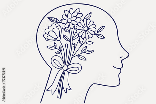 Flower bouquet inside human head outline — creative imagination concept, minimal style