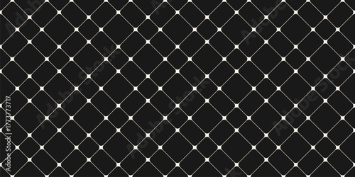 Vector minimalist seamless pattern with thin lines, nodes, tiles. Black and white abstract lattice, grid, mesh, net. Subtle minimal background texture. Simple repeating geo design for print, decor