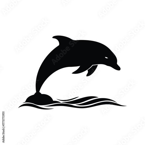 Black silhouette illustration of a dolphin jumping from the ocean waves, dolphin breaching surface silhouette vector illustration