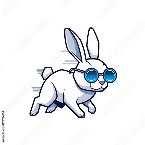 A stylish and quick white rabbit character wearing cool blue glasses, running fast. A modern vector logo concept for speedy service or tech