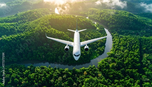 Sustainable aviation fuel concept of flight running on biofuel green energy An aerial view of an airplane flying over green forest plane