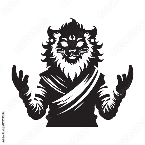 Mystical Cat Creature with Open Hands in Contemplative Pose.