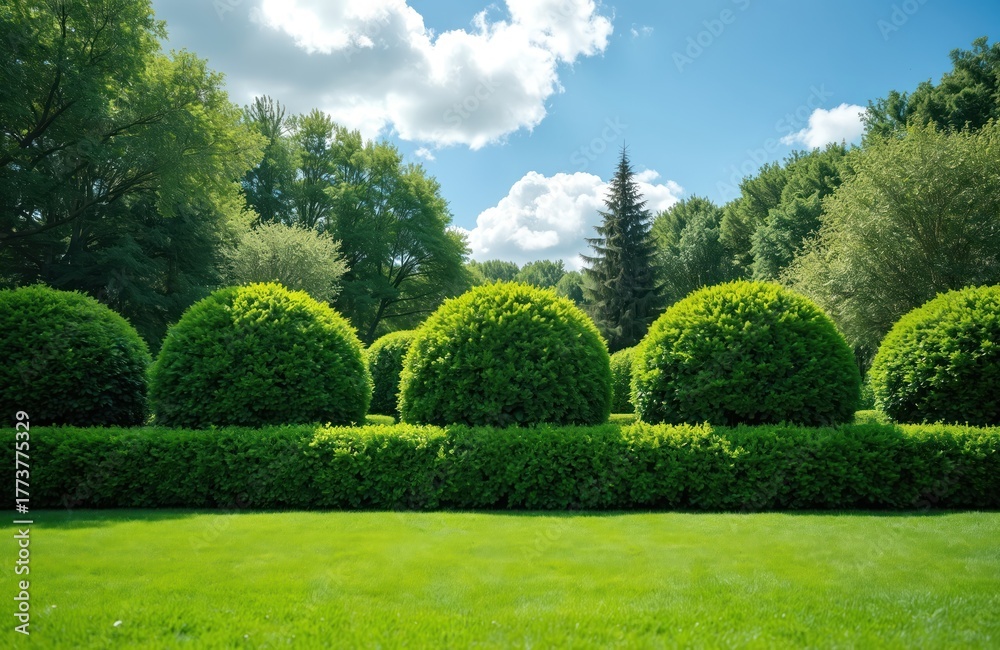 Fototapeta premium Manicured garden yard with bright green grass and round bushes. Lush trees and blue sky with white clouds create beautiful outdoor scene. Perfect lawn area.