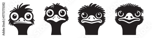 Emu faces in silhouette four different expressions black and white.