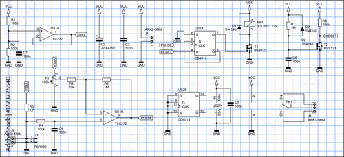 Schematic diagram of electronic device on sheet 
of paper with grid. Vector drawing electrical 
circuit with resistor, operational amplifier, connector, 
capacitor, relay, transistor, trigger chip.