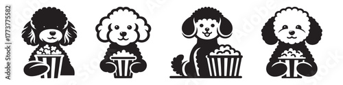 Adorable Poodles Enjoying Popcorn: A Delightful Black and White Illustration.