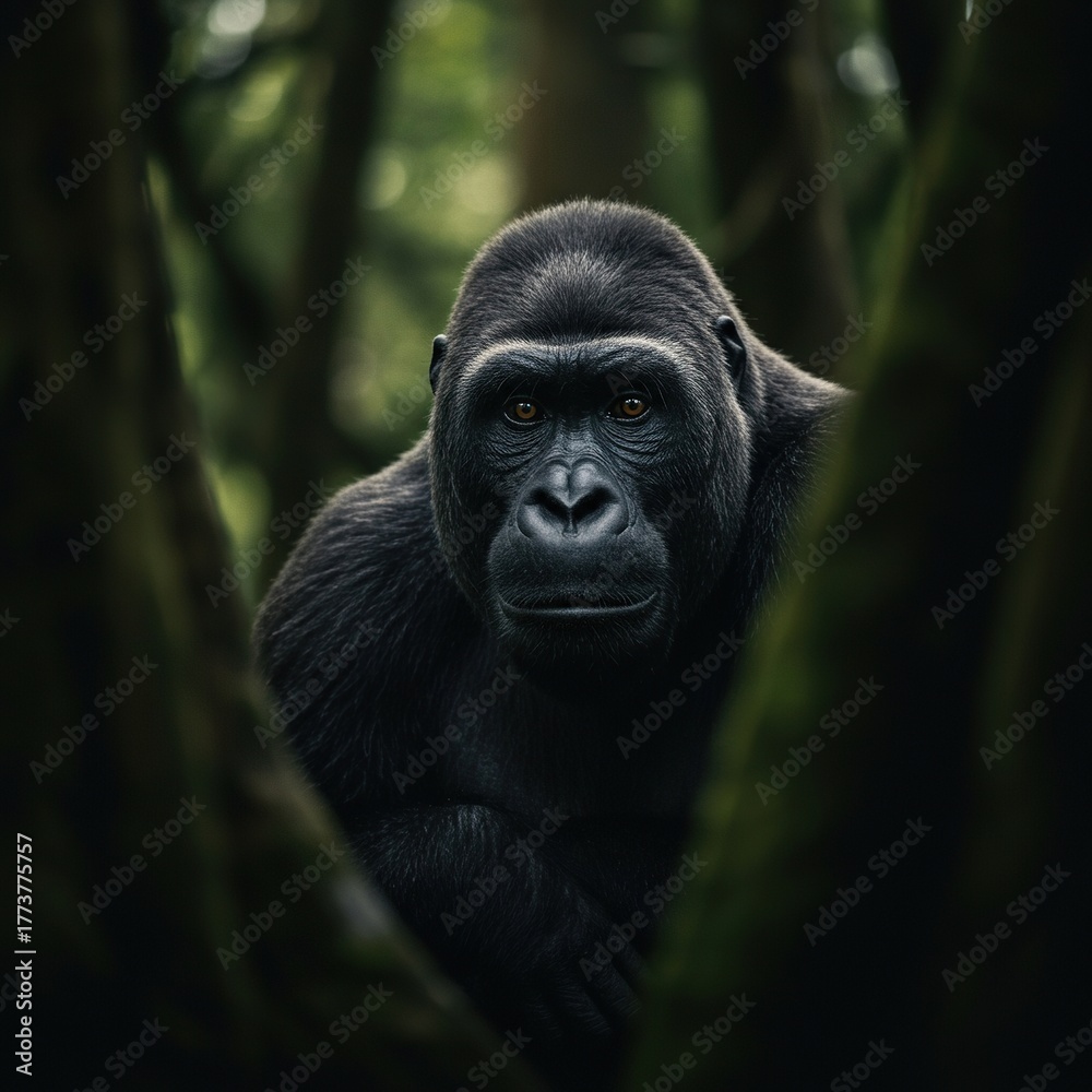 Obraz premium Elusive ape-like creature hidden deep within ancient forests, a legendary mystery of the wild wilderness ,hidden ,tracks ,forest