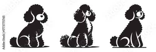 Black Poodle Silhouettes in Various Poses on White Background.