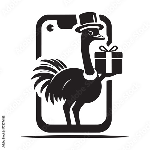 Ostrich Delivering Gift Inside Phone Screen.