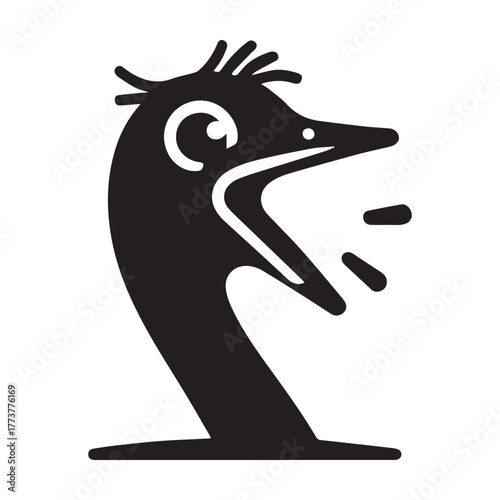 Black and White Bird Illustration with Open Mouth.