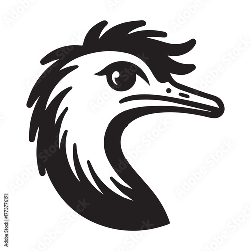 Ostrich Head Profile Black and White Illustration.