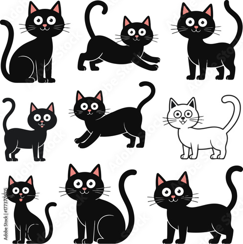PCute Cartoon Black Cat Vector Set with Different Posesrint