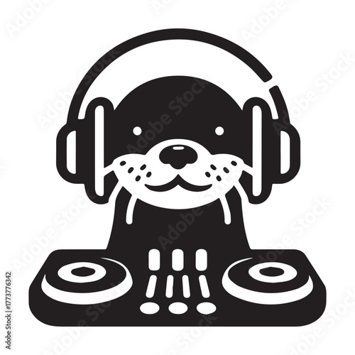 Otter DJ with Headphones and Turntable Playing Music.