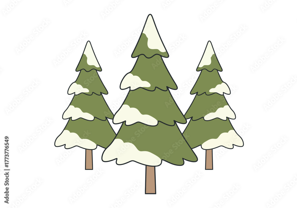 Fototapeta premium A simple illustration of three green evergreen trees covered with white snow, isolated on a white background.