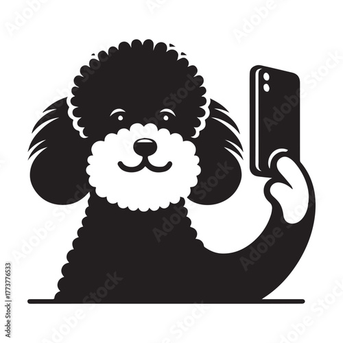 Black Poodle Taking Selfie with Smartphone Adorable Dog Portrait.