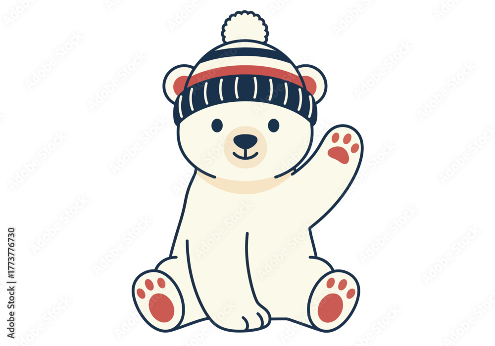 Naklejka premium A cute cartoon polar bear sitting down and waving while wearing a striped winter beanie with a pom-pom.