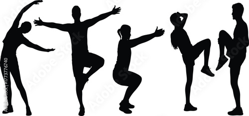 Fitness silhouettes performing dynamic exercises, yoga, balance, stretching, squats, dance poses, and aerobic workout moves on white background, active lifestyle cone silhouettes per for