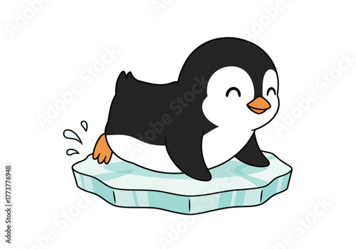 A cute cartoon baby penguin happily sliding on its belly on a small piece of floating ice.