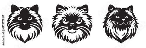 Three stylized cat faces in black and white perfect for design.