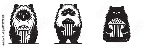 Cute Cat Trio Holding Popcorn Buckets.