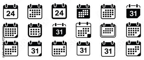 A comprehensive collection of vector calendar icons in black and white, perfect for digital scheduling, event planning, and date management applications, offering varied modern designs