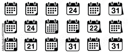 Diverse collection of sleek black and white calendar icons, showcasing various dates and essential for effective digital scheduling, event management, and time tracking interfaces