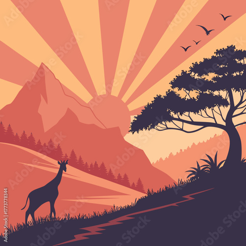 Silhouette of a giraffe standing on a grassy hill with mountains and a rising sun in the background