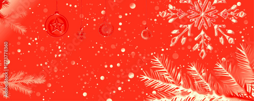 A vibrant red background is adorned with white Christmas ornaments, snowflakes, and pine branches, creating a festive atmosphere as snow gently falls.