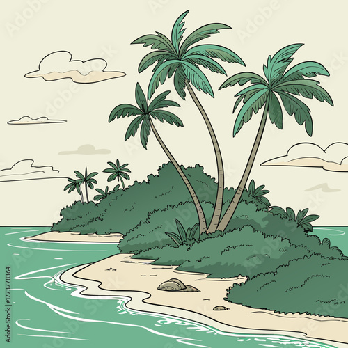 Tropical island paradise with lush green vegetation palm trees sandy beach and turquoise ocean waves under a cloudy sky