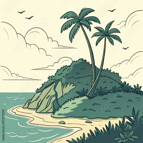 Stylized illustration of a tropical island paradise with palm trees lush green vegetation and a sandy beach